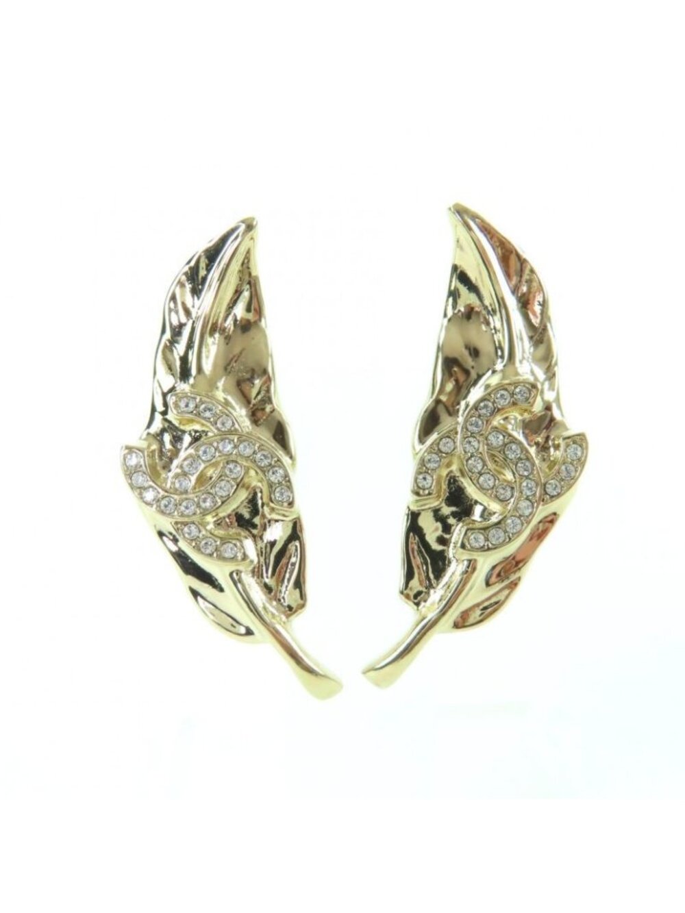 Chanel Cc Logo Leaf Design Rhinestone Earrings Gold